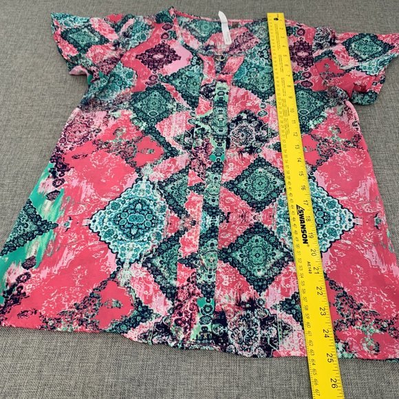 NY Collection Cute Lightweight Blouse Pink Green Round Neck Petite Small - Picture 7 of 12